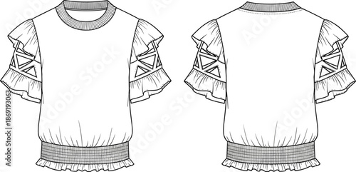 Women ruffle sleeve blouse technical flat, short sleeve top, front back view, fashion cad drawing, apparel vector illustration