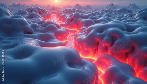 Surreal alien landscape at sunrise with glowing red rivers and icy blue formations illuminated by soft pink and orange light creating an otherworldly