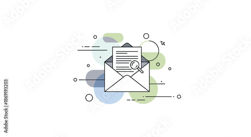 White envelope icon with abstract geometric shapes in blue and grey tones on the right side of a white background with ample copy space for text