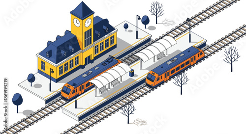 Isometric train station illustration, modern railway platform building with trains tracks for transportation urban infrastructure design vector