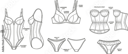 Lingerie technical flat drawing set, women corset bra and briefs, fashion CAD illustration, apparel construction blueprint, vector line art