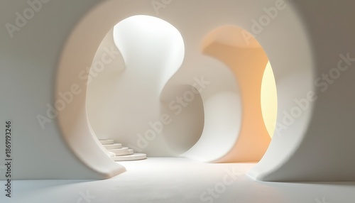 Modern Interior Design With Abstract Sculptural Forms And Soft Ambient Lighting Creating An Open Inviting Space With Smooth Curves And Warm Tones