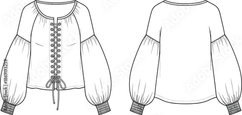 Women's blouse fashion sketch, lace-up front detail, puff sleeve design, scoop neckline, front back view, CAD drawing flat vector illustration