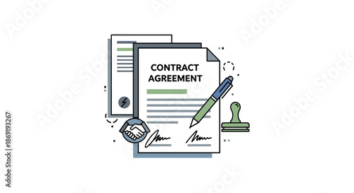 Contract document graphic featuring handshake icon and lightning bolt symbol designed in minimalist line art style with blue and green accents on white