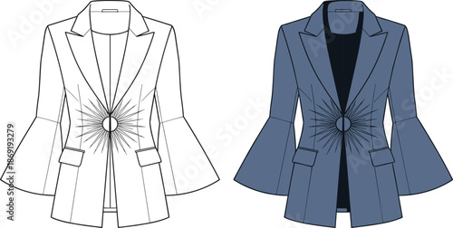 Women’s blazer sketch, fashion flat drawing, flared sleeve design, ruched waist detail, apparel template, front back view, vector illustration