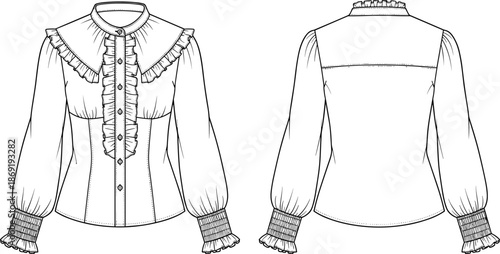 Women's blouse fashion sketch, ruffled collar detail, smocked cuff sleeve, front back view, vintage style garment, CAD drawing flat vector illustration