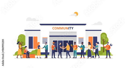 Diverse group of professional people outside modern office building with man and woman shaking hands while others work on laptop and walk near trees