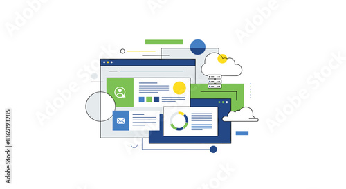 Flat vector web interface design featuring green profile and blue email icons with abstract geometric elements and large copy space on white