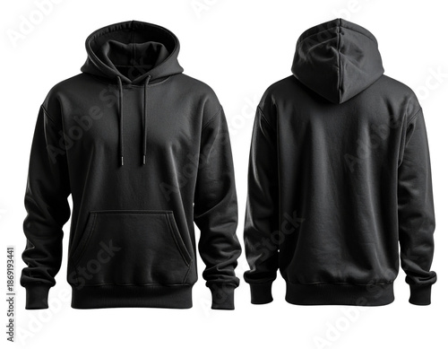 Floating Black Hoodie Mockup Showing Front and Back, Dynamic Offset Composition, Isolated