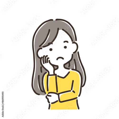 考え事をして首をかしげている若い女性／シンプルカラー／単品