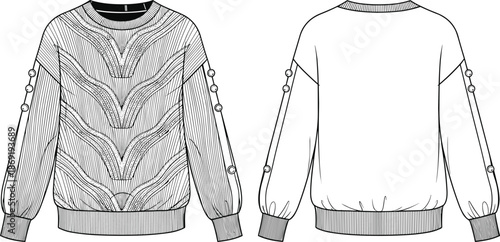 Women's sweater fashion sketch, chevron knit texture, sleeve button detail, ribbed neckline and hem, front back view, CAD drawing flat vector illustration
