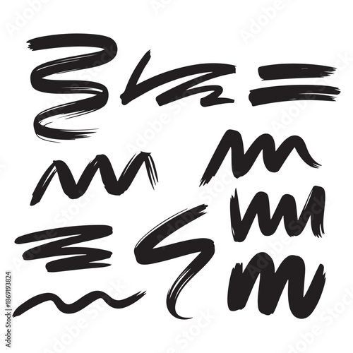 Hand Painted Black Ink Swashes and Wavy Brush Stroke Elements for Creative Backgrounds