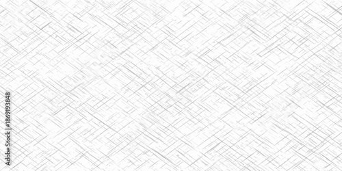 Seamless geometric labyrinth pattern on a white fabric and paper texture surface featuring gray square lines for a modern vector wallpaper design backdrop