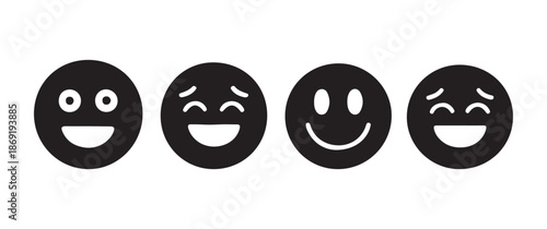 Row of Four Black and White Happy Emoji Icons with Different Smiling Expressions