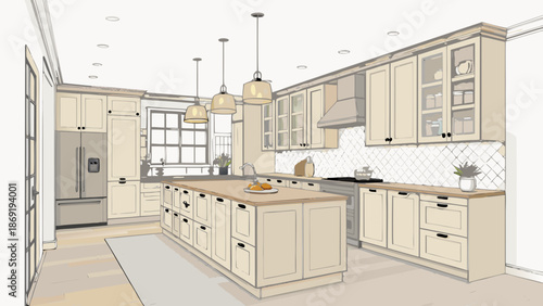 Contemporary kitchen interior vector illustration, light color cabinets island counter, pendant lights, organized layout, bright clean look