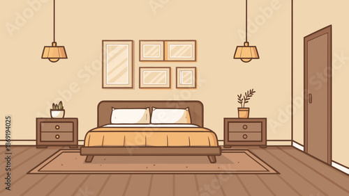 Minimal bedroom interior vector illustration, warm neutral colors, cozy bed side lamps, wooden floor, calm atmosphere, empty background wall