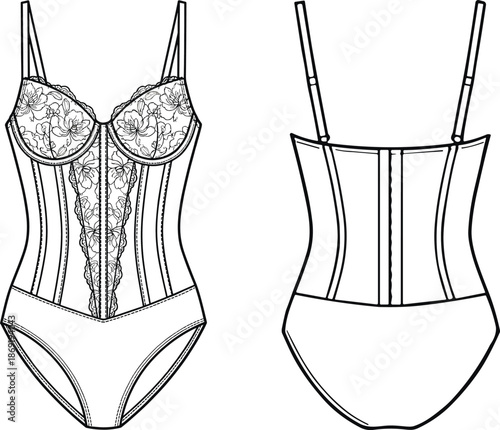 Women lingerie bodysuit technical flat drawing, lace corset underwear design, fashion CAD illustration, apparel construction blueprint, vector line art