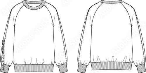Women's sweatshirt fashion sketch, raglan sleeve detail, crew neckline, ribbed cuff and hem, front back view, CAD drawing flat vector illustration