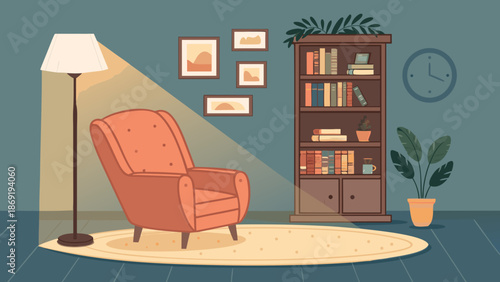 Reading corner interior vector illustration, comfortable chair bookshelf lamp, warm cozy colors, calm mood