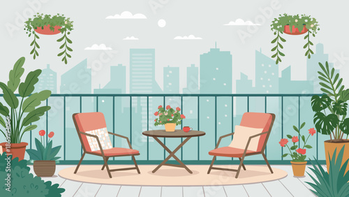 Balcony interior vector illustration, seating plants city view, fresh colors, relaxing atmosphere, clean design
