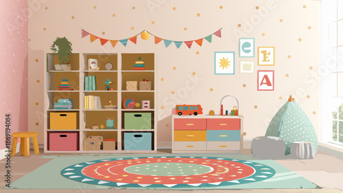 Kids room interior vector illustration, colorful furniture toy shelves, playful design, soft lighting, organized space