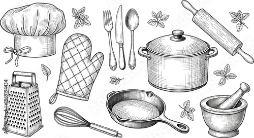 Vintage kitchen utensils hand drawn illustration set, chef cookware tools pot pan cutlery sketch style vector design elements