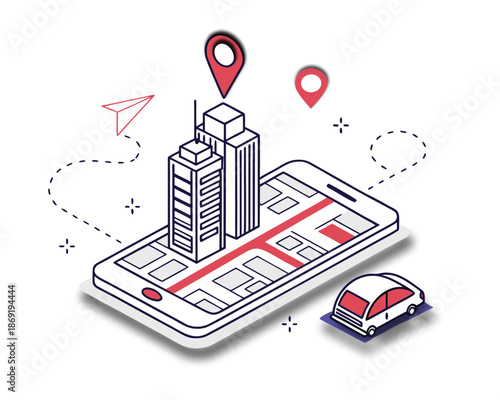Modern 3d isometric vector illustration of an urban city cityscape featuring business architecture skyscrapers and industrial factory buildings with a navigation map design concept