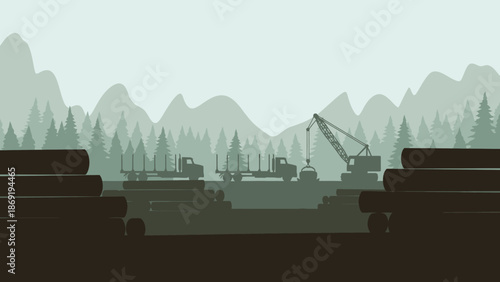 Lumberyard in the misty forest: Silhouettes of logging trucks and cranes work in tandem, meticulously loading stacks of logs against a backdrop of towering pines.
