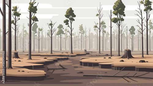 Barren Forest Landscape: An eerie and haunting scene unfolds in a desolate forest, with bare trees reaching towards the sky. The landscape hints at nature's vulnerability and resilience.