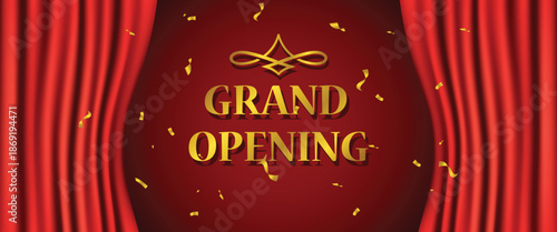 realistic curtain background banner template, grand opening ceremony with red color vector design