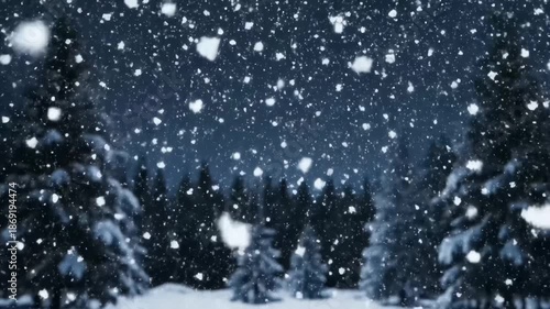 Snowfall in a serene forest landscape at night.