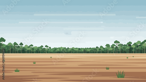 A Calm Day In The Savanna: A serene digital artwork showcases a vast savanna landscape under a bright, clear sky, with sparse vegetation and a line of trees on the horizon. 