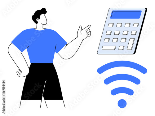 Digital tools, online communication, wireless technology, financial management, connectivity, remote work. Person pointing at a calculator and wireless symbol. Digital tools and online communication