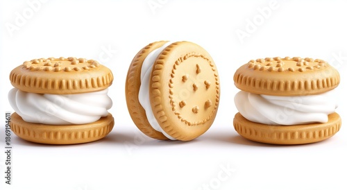 Three cream filled sandwich cookies on white background 1