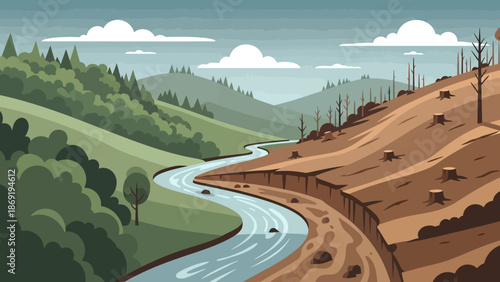 Contrasting Environmental Landscape: A visually striking illustration showcasing the stark contrast between a lush, verdant hillside and one that has been deforested.