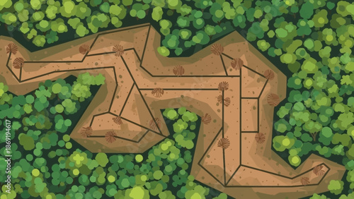 Top-down Trail Map in Forest: An artistic, high-angle view presents a detailed trail map weaving through a verdant forest, highlighting the natural beauty and complexity of the environment.