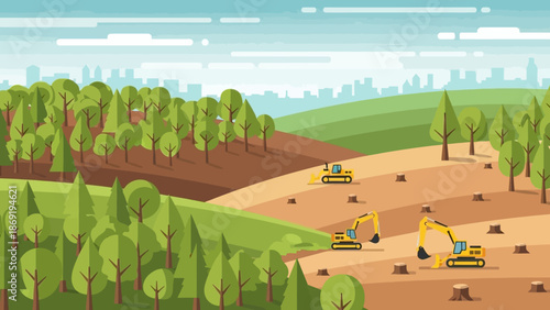 Deforestation and destruction of nature landscape: A scene of deforestation depicting the removal of trees, and excavators, transforming a landscape into barren land
