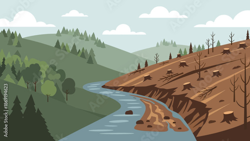 Forest Contrast: A poignant depiction of a river dividing two starkly different landscapes: one flourishing with life and the other scarred by deforestation.