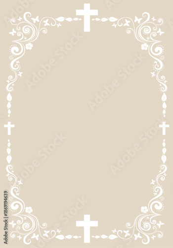 Art deco frames with cross. Christian Symbol design elements isolated on background. Ornate Cross. vertical Frame. Memorial design elements. Baptism Card Design with Cross Christening. First Communion