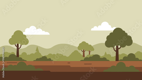 Scenic Landscape in the Nature: a vivid illustration of a natural scenery, trees, shrubs, and clouds painted in harmonious hues, offering a sense of peace and natural wonder.