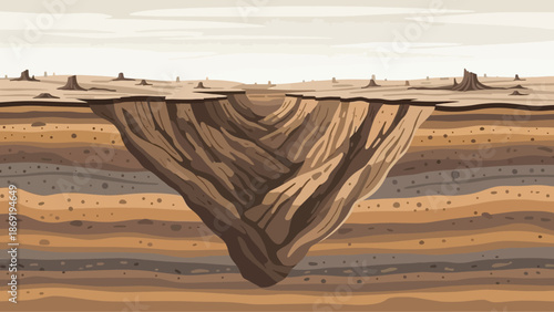 Arid landscape of Canyons: An illustration showcases a cross-section of a majestic canyon, revealing layers of earth and geological formations, hinting at the vastness and historical elements.