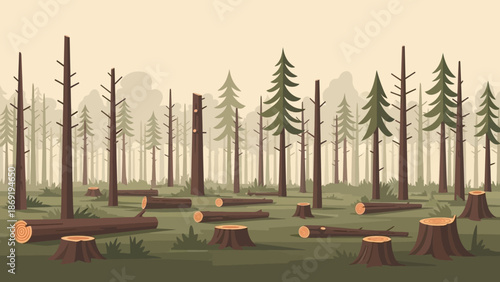 Deforestation scene: An impactful scene of deforestation, highlighting the impact on the environment with felled trees and stumps amidst the remaining forest.