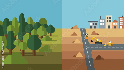 Contrasting Landscapes: A visually striking illustration juxtaposes the serene greenery of a forest with the infrastructure development of a city. The artwork symbolizes the ever-changing landscape.