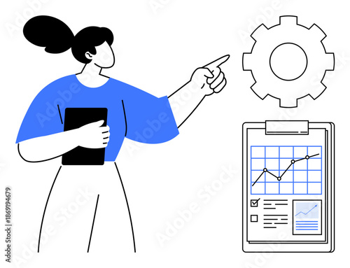 Project management, business analytics, workflow optimization, productivity, data analysis, teamwork. Woman pointing at gear, clipboard with chart. Business analytics and workflow concepts
