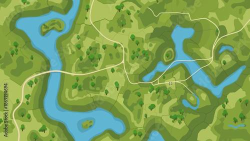 Abstract Topographical Landscape: An aerial view of an illustrated topographical landscape, depicting winding rivers, rolling hills, and lush forests.