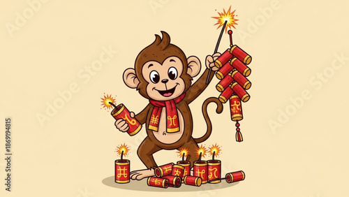 A cheerful cartoon monkey in a red scarf holds and stands amidst multiple lit firecrackers on a beige background celebrating a festive occasion with a joyful expression