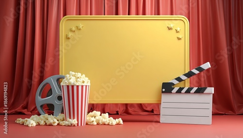 Yellow billboard with movie reel popcorn and clapperboard