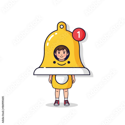 A cute cartoon illustration of a child wearing a yellow notification bell costume with a red '1' icon, smiling.