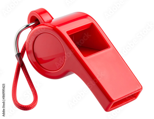 Red Plastic Referee Whistle with Lanyard, Front View, Sport Authority Symbol, Isolated