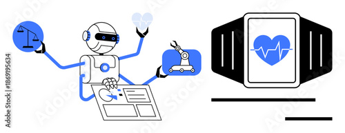 Artificial intelligence, health monitoring, technology, automation, robotics, future tech. A robot multitasking with law and industrial tools beside a smartwatch displaying a heartbeat. Artificial